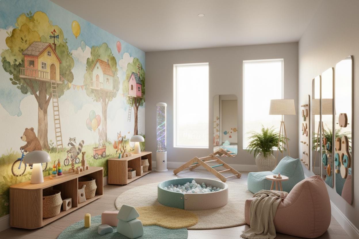 Woodland Animal Watercolor Treehouse Wallpaper – alternate view, Golden Era Walls