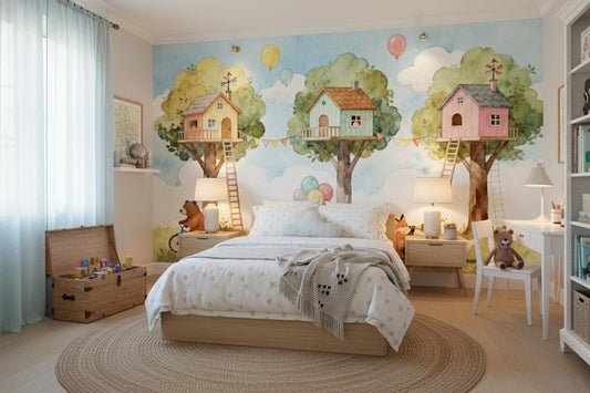 Woodland Animal Watercolor Treehouse Wallpaper – lifestyle view, Golden Era Walls