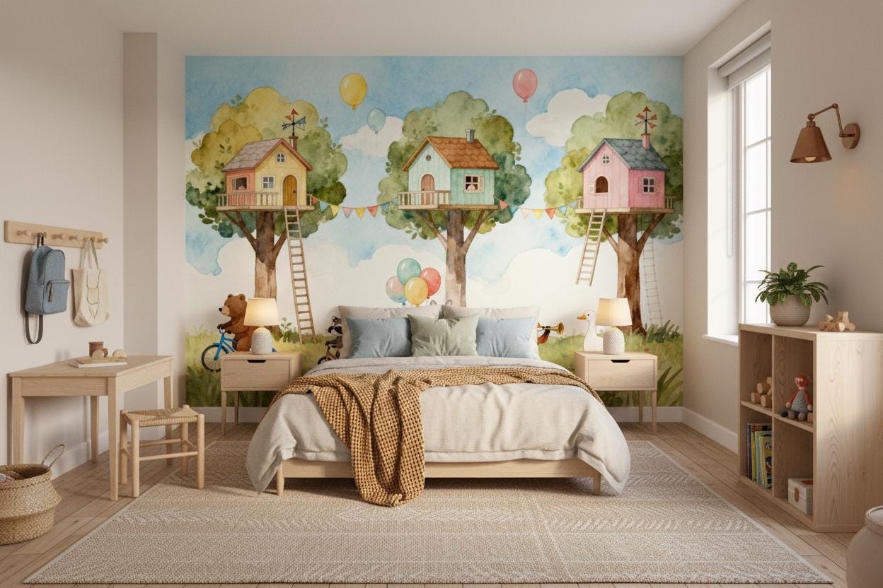 Woodland Animal Watercolor Treehouse Wallpaper – detail view, Golden Era Walls