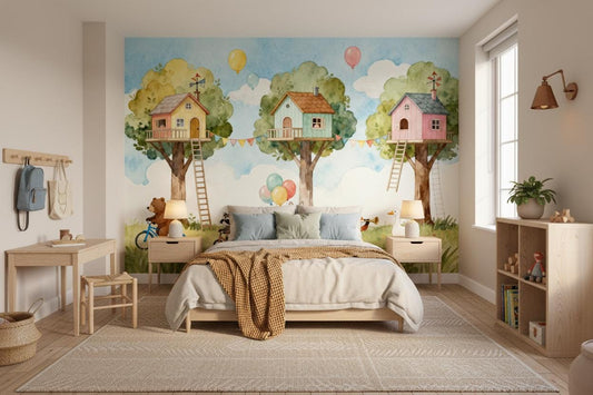 Woodland Animal Watercolor Treehouse Wallpaper – detail view, Golden Era Walls