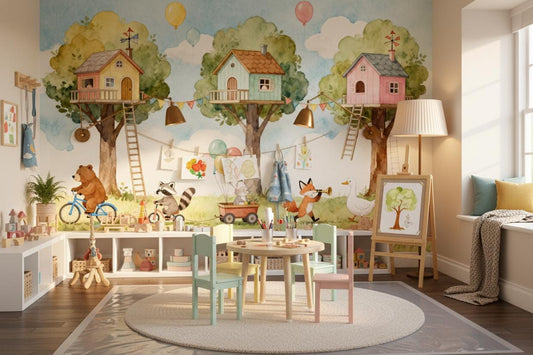Woodland Animal Watercolor Treehouse Wallpaper – peel and stick wallpaper mural, Golden Era Walls