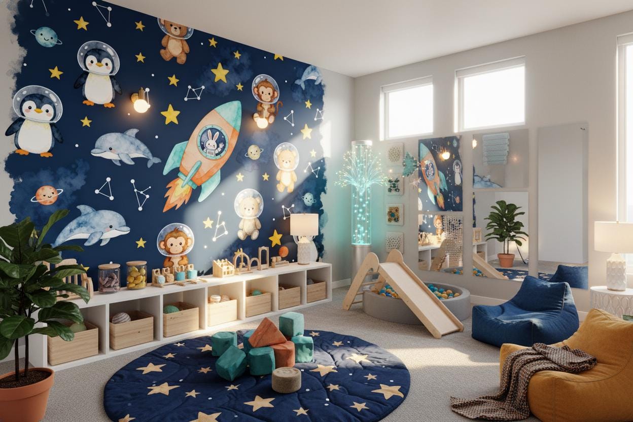 Space Astronaut Animals Navy Wallpaper – scale reference, Golden Era Walls