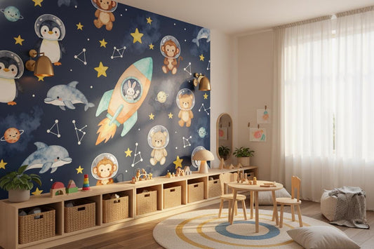 Space Astronaut Animals Navy Wallpaper – room setting, Golden Era Walls