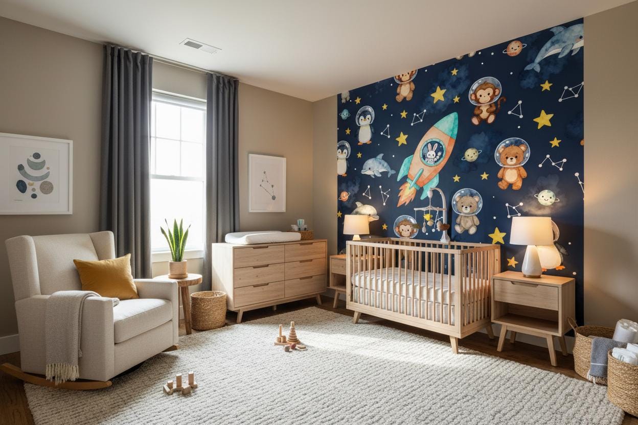 Space Astronaut Animals Navy Wallpaper – alternate view, Golden Era Walls