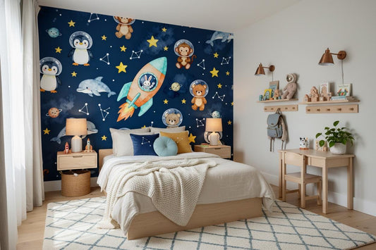 Space Astronaut Animals Navy Wallpaper – detail view, Golden Era Walls
