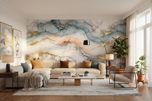 Blue Gold Agate Marble Marble Wallpaper – peel and stick wallpaper mural, Golden Era Walls
