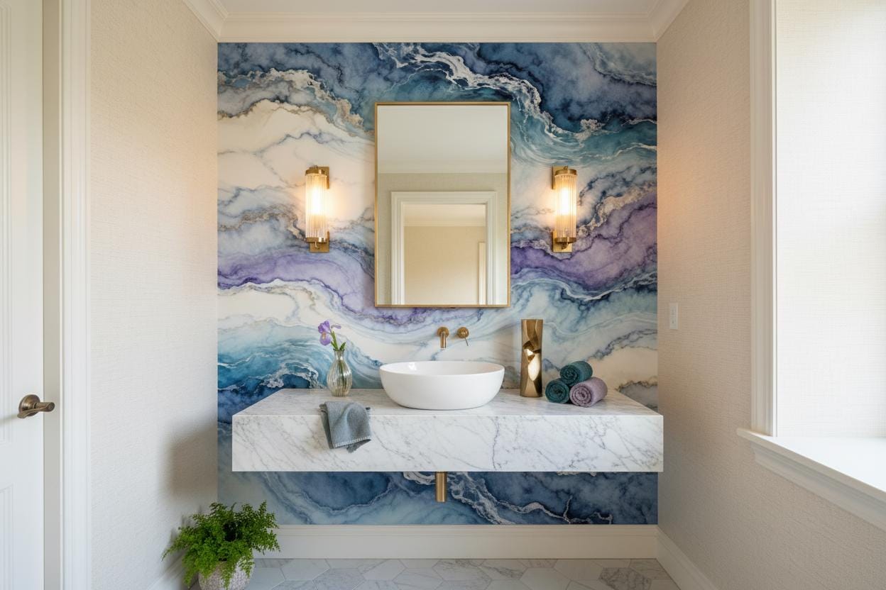 Blue Purple Gold Marble Marble Wallpaper – lifestyle view, Golden Era Walls