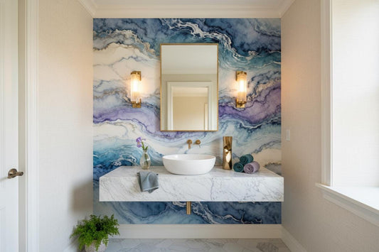 Blue Purple Gold Marble Marble Wallpaper – lifestyle view, Golden Era Walls