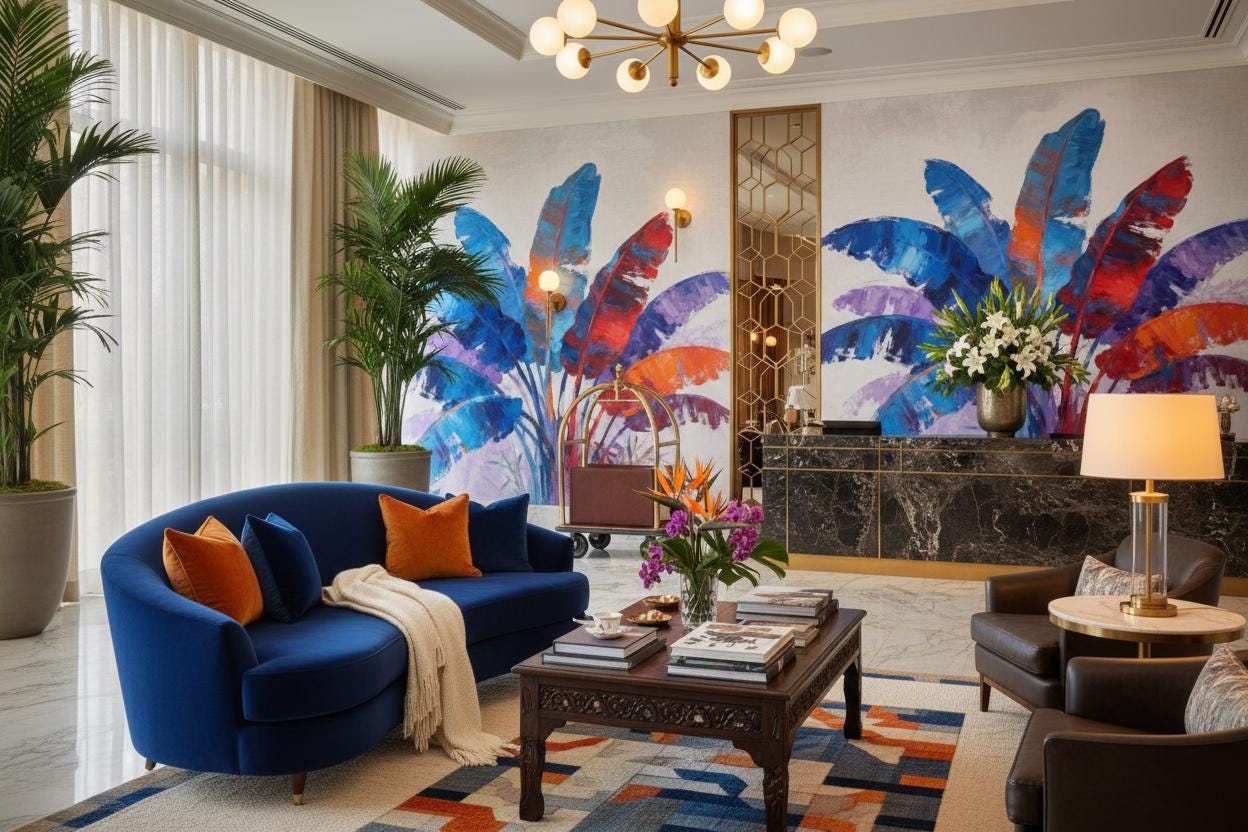 Vibrant Painterly Abstract Tropical Floral Wallpaper – room setting, Golden Era Walls