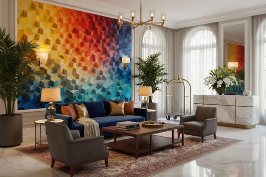 3D Geometric Cube Multi Geometric Wallpaper – room setting, Golden Era Walls
