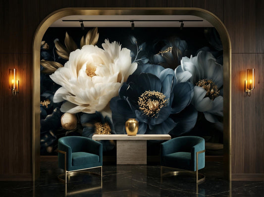 Dark Floral Luxury Moody Floral Wallpaper – lifestyle view, Golden Era Walls