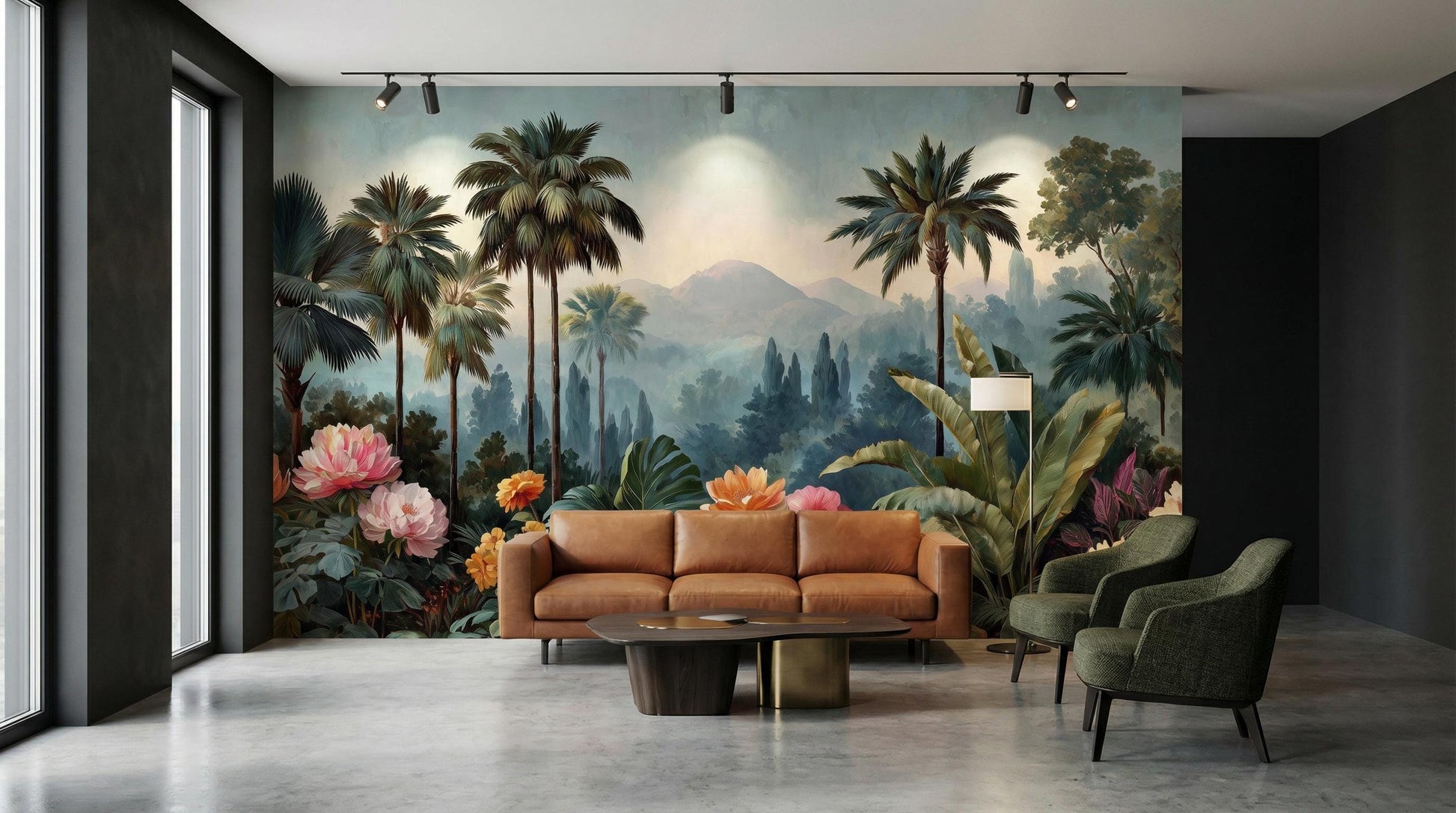 Dark Tropical Jungle Moody Floral Wallpaper – scale reference, Golden Era Walls