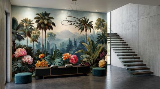 Dark Tropical Jungle Moody Floral Wallpaper – room setting, Golden Era Walls