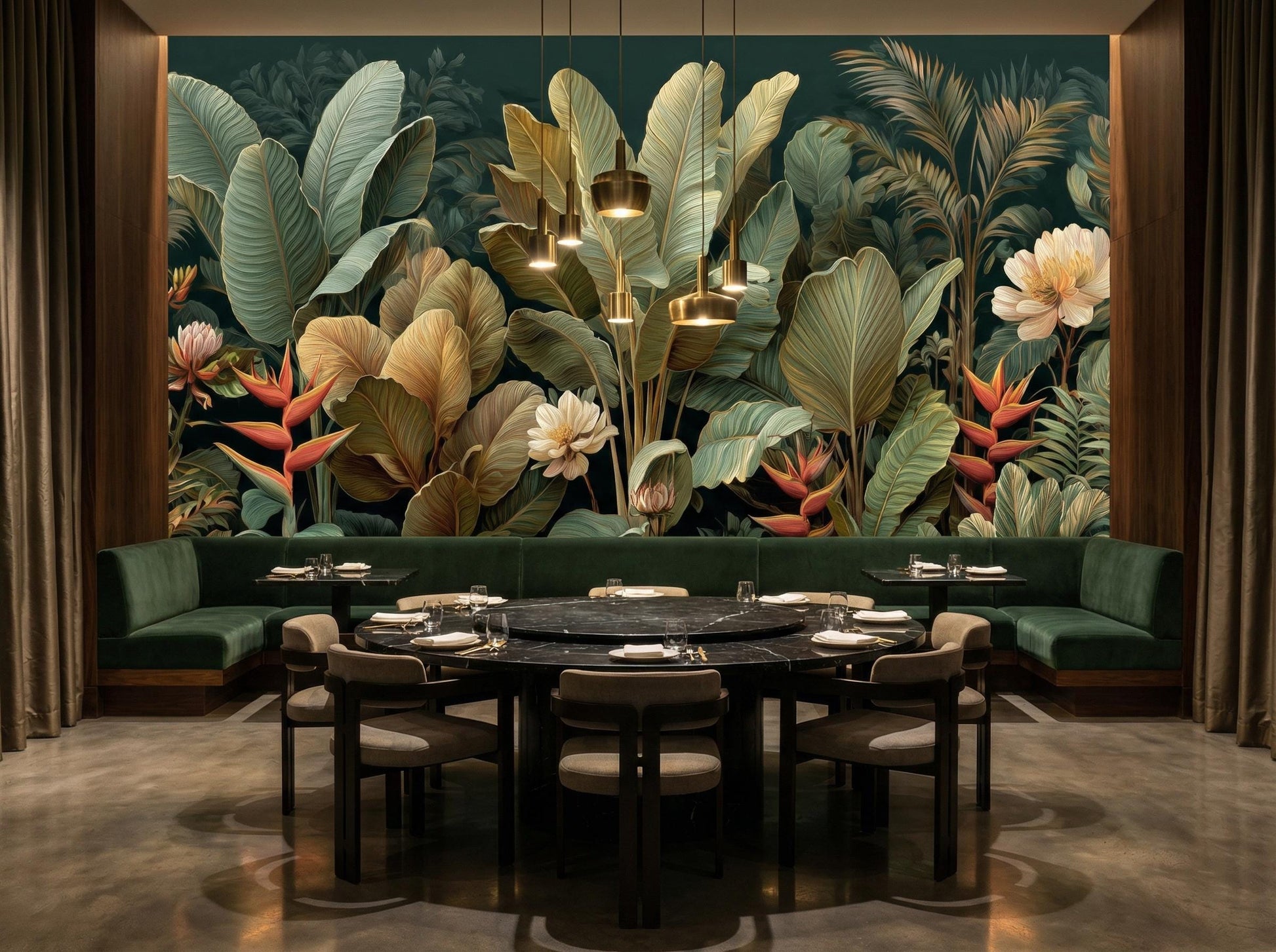 Dark Tropical Jungle Moody Floral Wallpaper – lifestyle view, Golden Era Walls