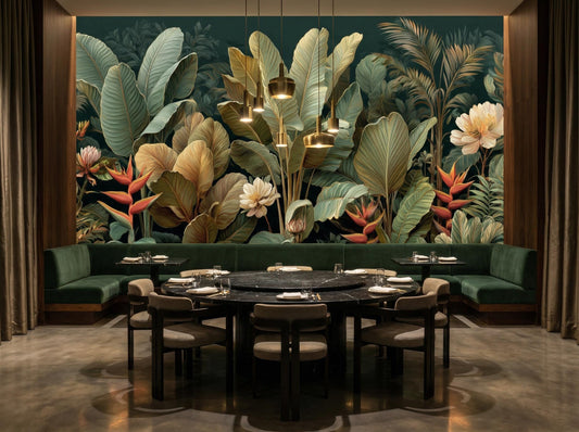 Dark Tropical Jungle Moody Floral Wallpaper – lifestyle view, Golden Era Walls