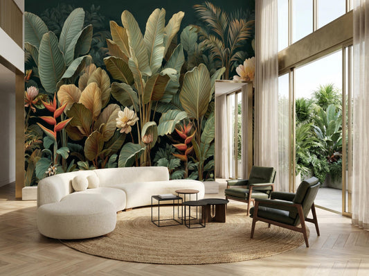 Dark Tropical Jungle Moody Floral Wallpaper – detail view, Golden Era Walls