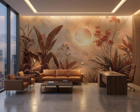 Vintage Sepia Jungle Modern Floral Wallpaper – room setting, Golden Era Walls