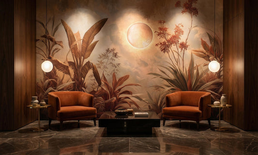 Vintage Sepia Jungle Modern Floral Wallpaper – detail view, Golden Era Walls