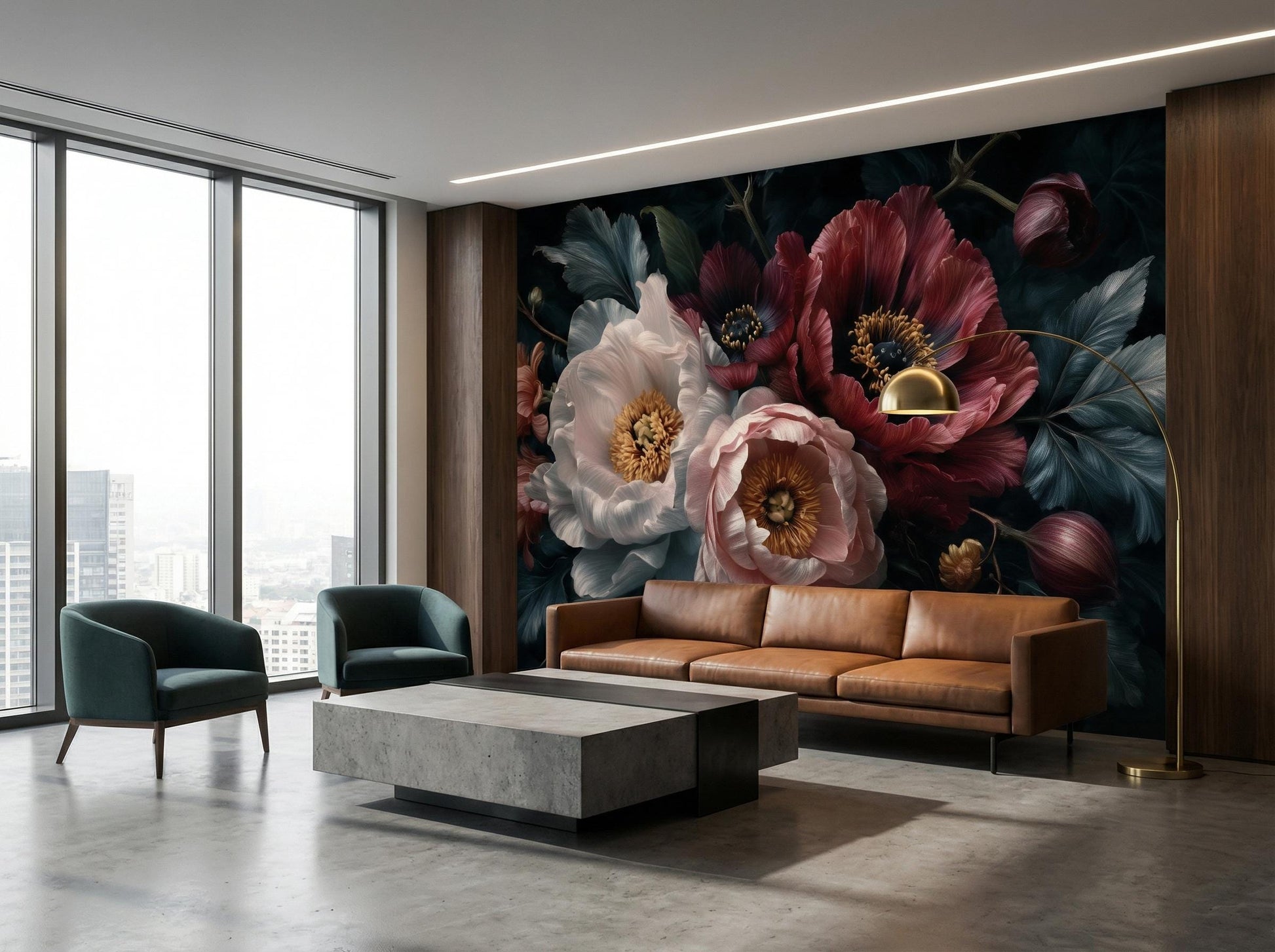 Dark Floral Moody Peony Floral Wallpaper – alternate view, Golden Era Walls