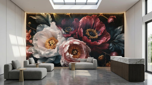 Dark Floral Moody Peony Floral Wallpaper – detail view, Golden Era Walls