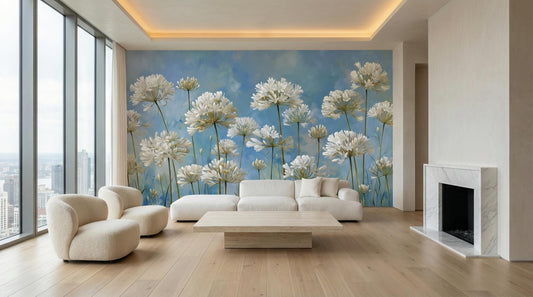 Elegant Floral Art Blue Floral Wallpaper – lifestyle view, Golden Era Walls