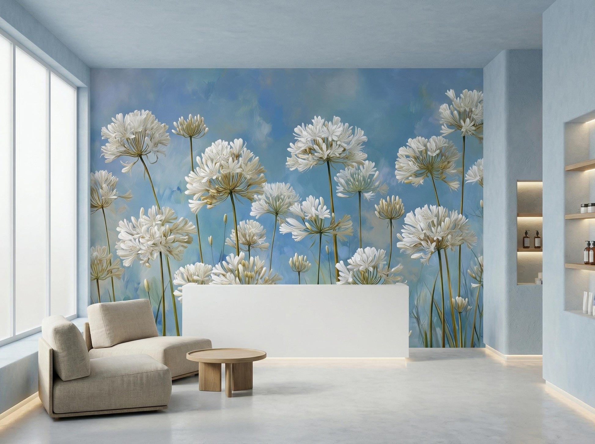 Elegant Floral Art Blue Floral Wallpaper – room setting, Golden Era Walls