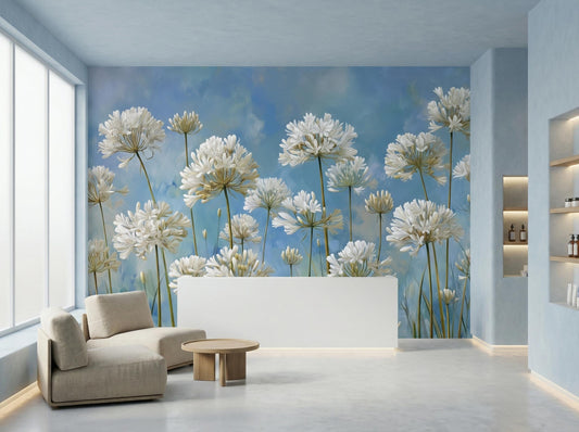 Elegant Floral Art Blue Floral Wallpaper – room setting, Golden Era Walls