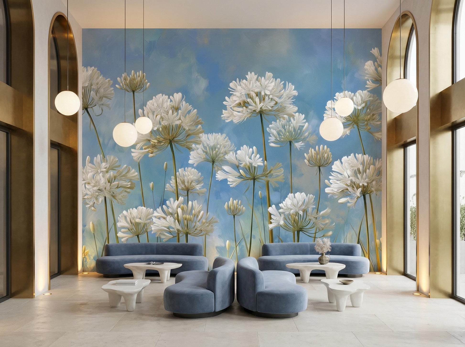 Elegant Floral Art Blue Floral Wallpaper – scale reference, Golden Era Walls