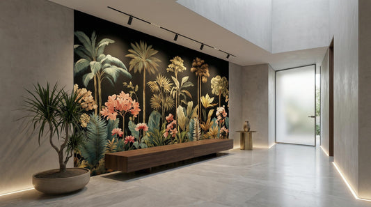 Moody Black Floral Exotic Floral Wallpaper – lifestyle view, Golden Era Walls