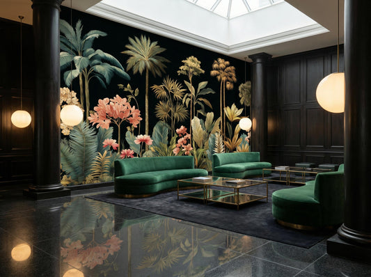 Moody Black Floral Exotic Floral Wallpaper – detail view, Golden Era Walls