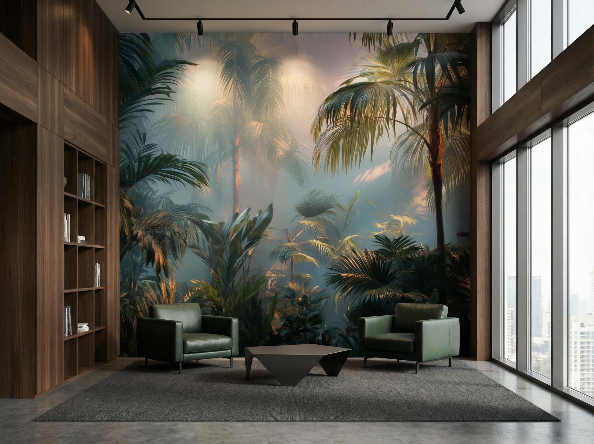 Lush Tropical Jungle Moody Floral Wallpaper – room setting, Golden Era Walls