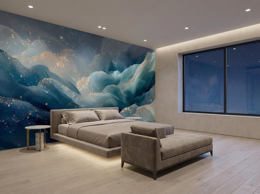 Luxurious Abstract Ocean Waves Geometric Wallpaper – room setting, Golden Era Walls