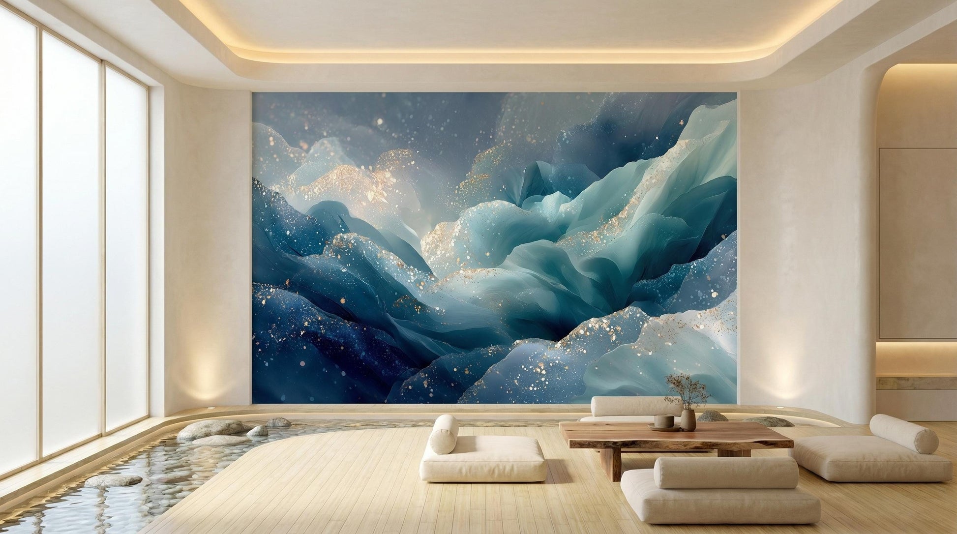 Luxurious Abstract Ocean Waves Geometric Wallpaper – peel and stick wallpaper mural, Golden Era Walls