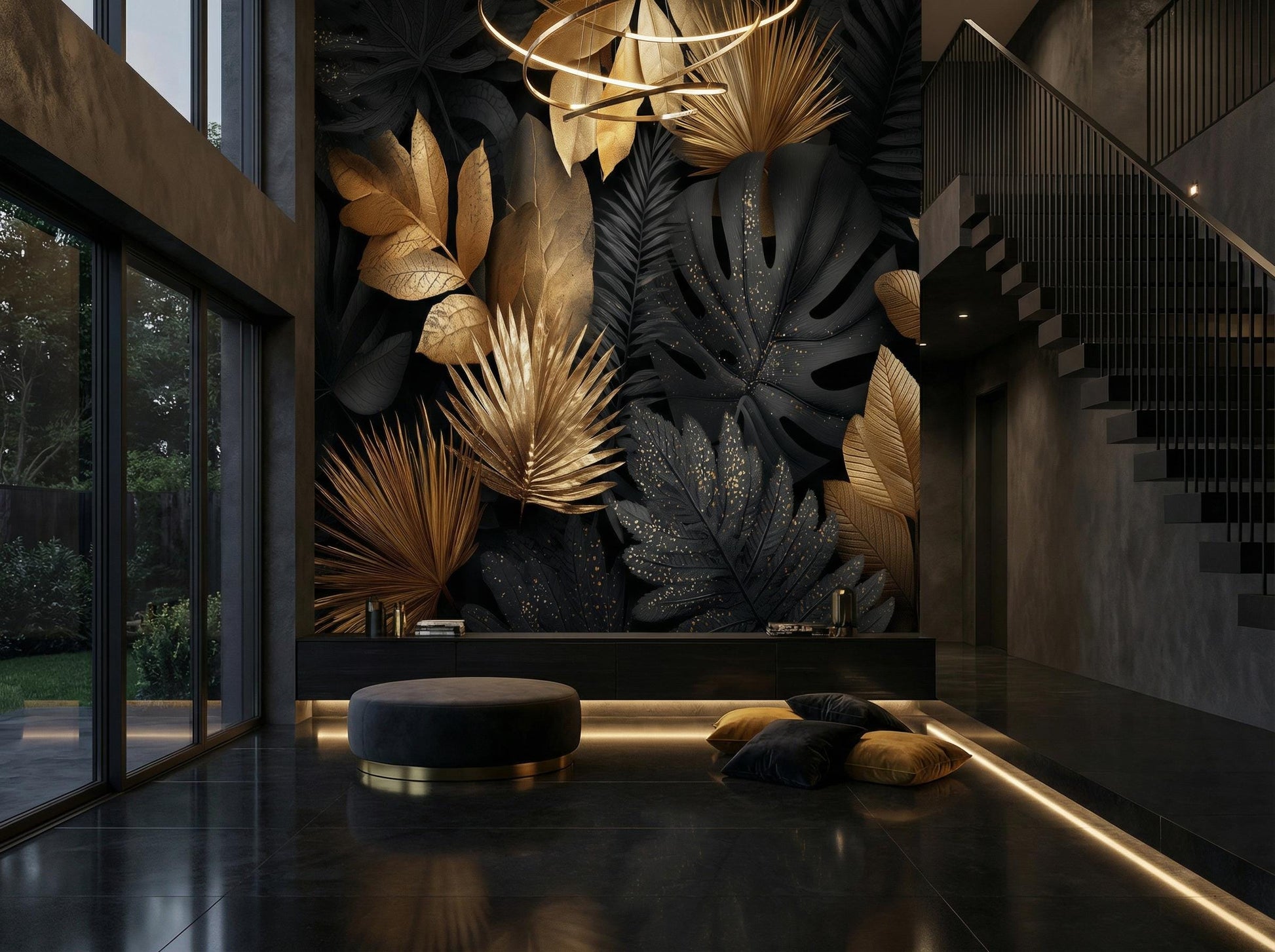 Dark Botanical Black Gold Floral Wallpaper – alternate view, Golden Era Walls