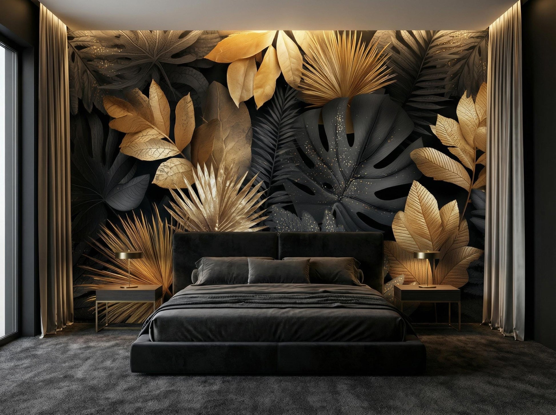 Dark Botanical Black Gold Floral Wallpaper – room setting, Golden Era Walls