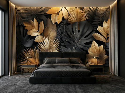 Dark Botanical Black Gold Floral Wallpaper – room setting, Golden Era Walls