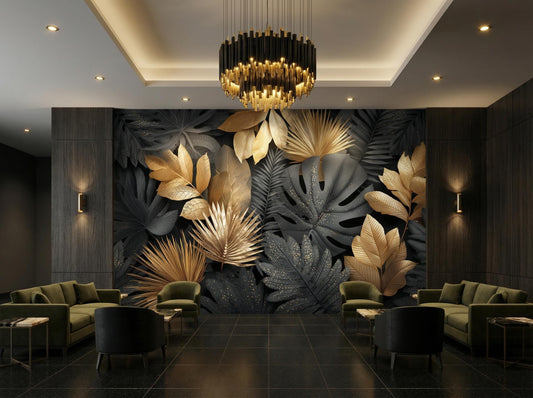Dark Botanical Black Gold Floral Wallpaper – lifestyle view, Golden Era Walls