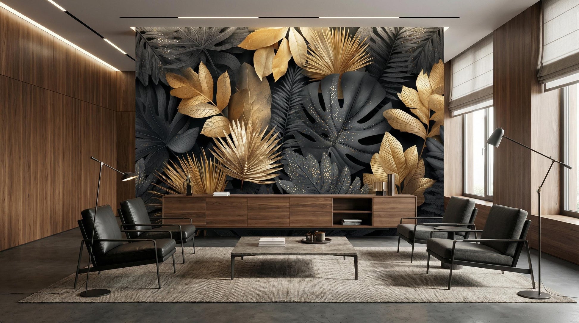 Dark Botanical Black Gold Floral Wallpaper – peel and stick wallpaper mural, Golden Era Walls