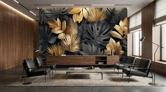 Dark Botanical Black Gold Floral Wallpaper – peel and stick wallpaper mural, Golden Era Walls