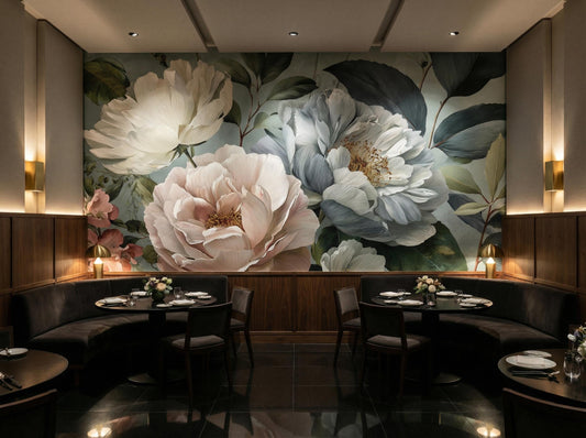 Elegant Chinoiserie Muted Pastel Floral Wallpaper – lifestyle view, Golden Era Walls