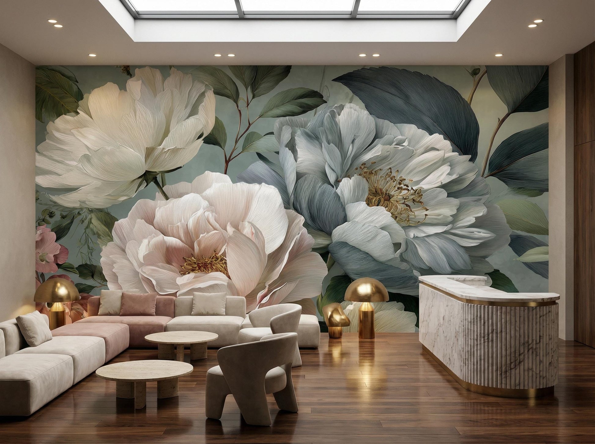 Elegant Chinoiserie Muted Pastel Floral Wallpaper – room setting, Golden Era Walls