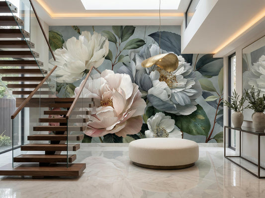 Elegant Chinoiserie Muted Pastel Floral Wallpaper – peel and stick wallpaper mural, Golden Era Walls