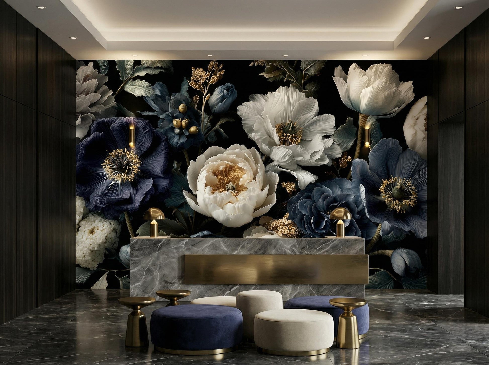 Vintage Peony Luxury Dark Floral Wallpaper – scale reference, Golden Era Walls