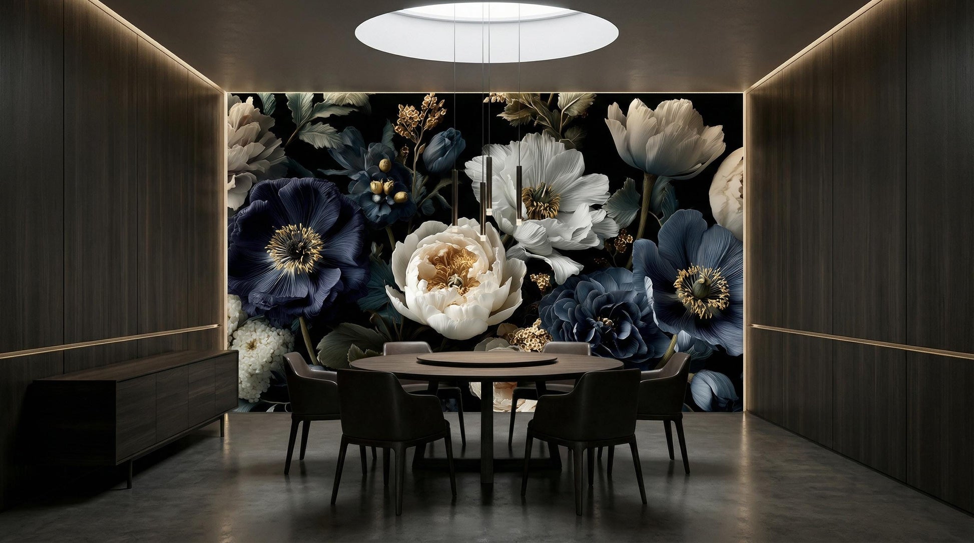 Vintage Peony Luxury Dark Floral Wallpaper – lifestyle view, Golden Era Walls