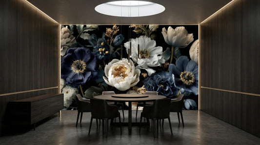 Vintage Peony Luxury Dark Floral Wallpaper – lifestyle view, Golden Era Walls
