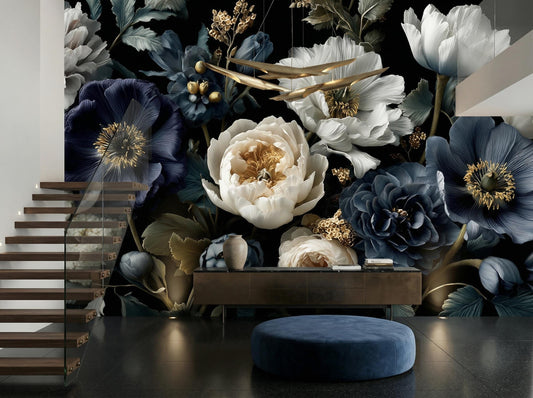 Vintage Peony Luxury Dark Floral Wallpaper – peel and stick wallpaper mural, Golden Era Walls