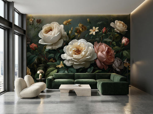 Dark Moody Floral Dutch Floral Wallpaper – detail view, Golden Era Walls