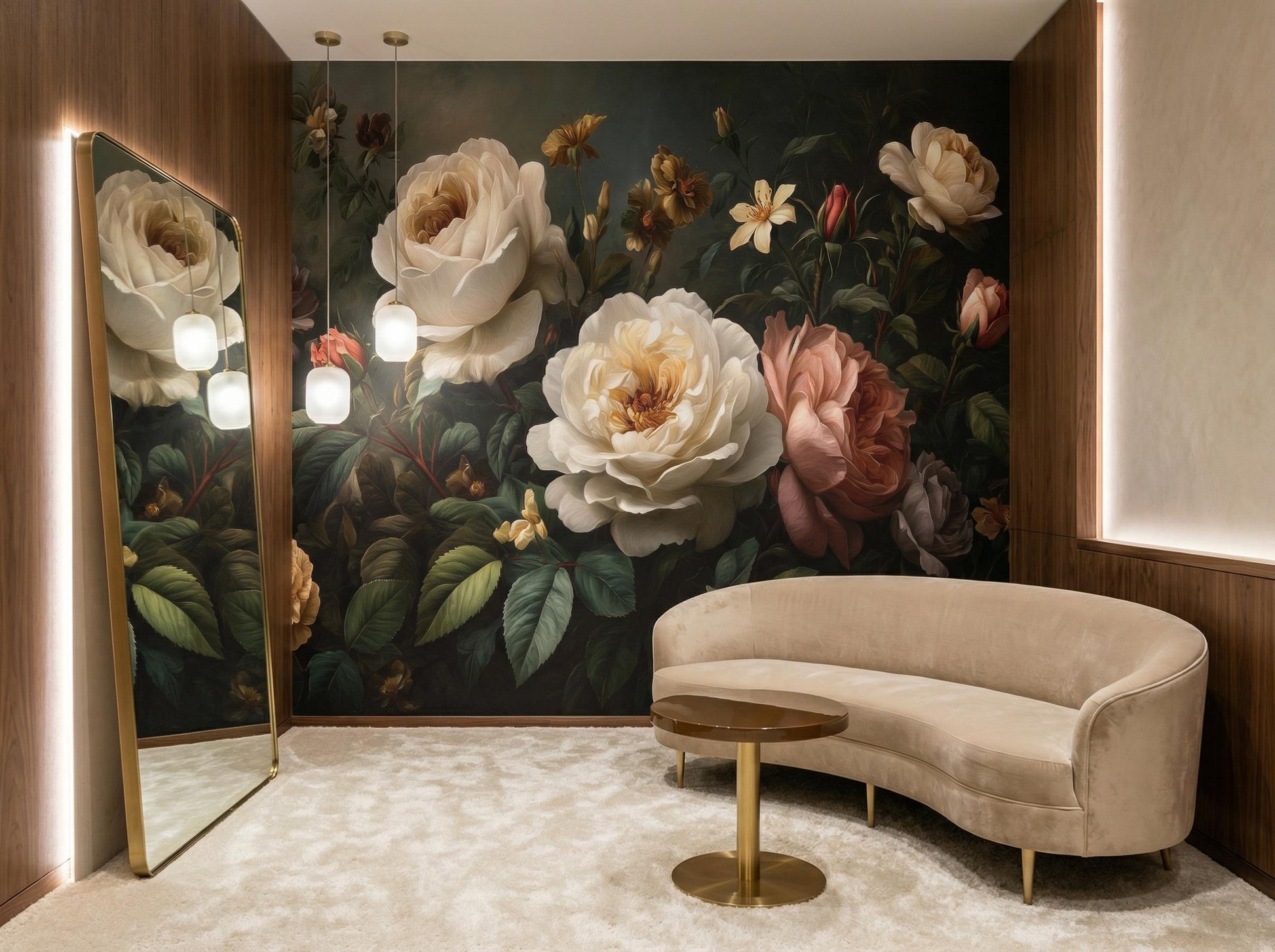 Dark Moody Floral Dutch Floral Wallpaper – room setting, Golden Era Walls