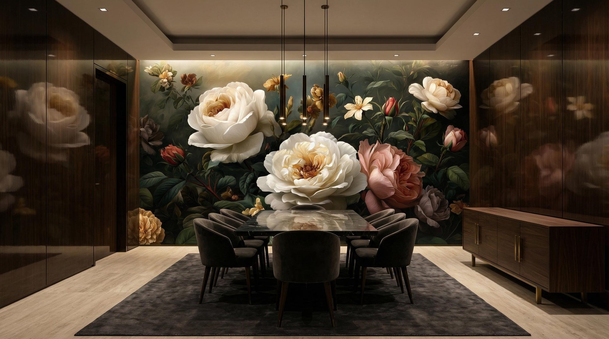 Dark Moody Floral Dutch Floral Wallpaper – scale reference, Golden Era Walls