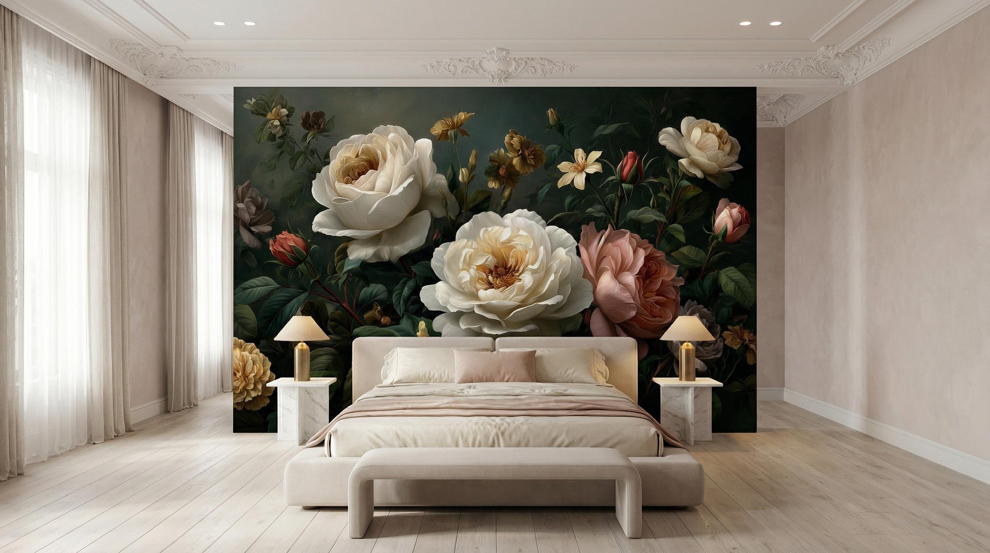 Dark Moody Floral Dutch Floral Wallpaper – lifestyle view, Golden Era Walls